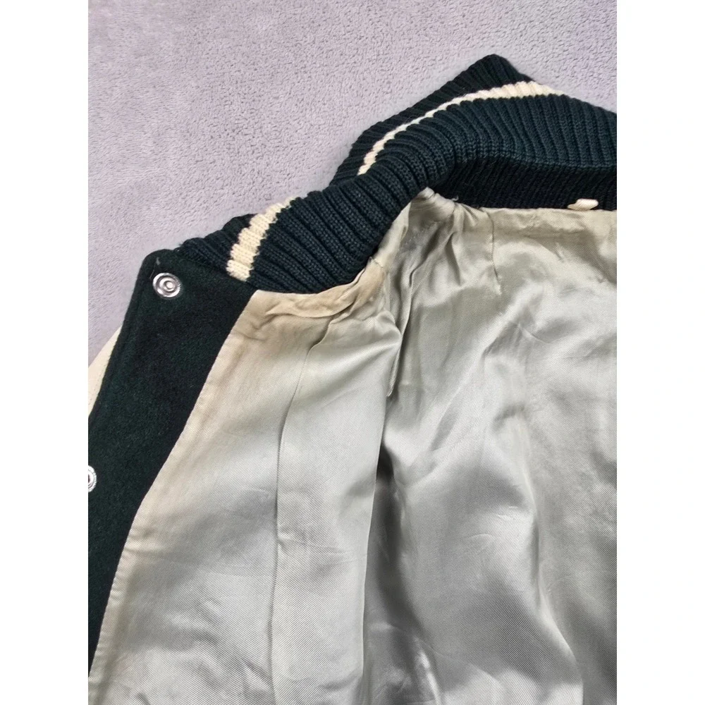 Vintage Lasley Knitting Co Varsity Jacket Mens 42 Green Wool Leather Bomber